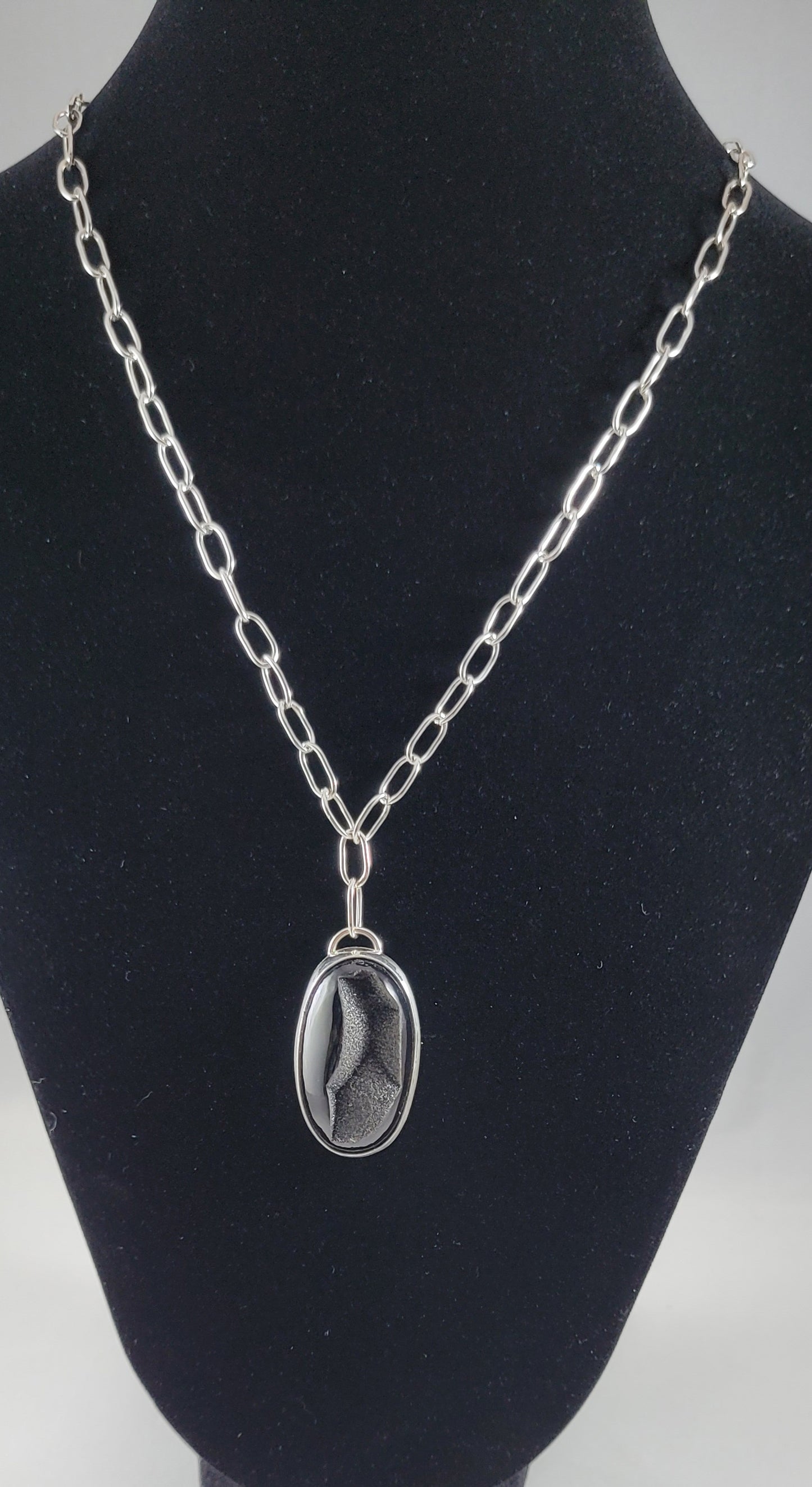Oval Black Druzy Onyx Necklace