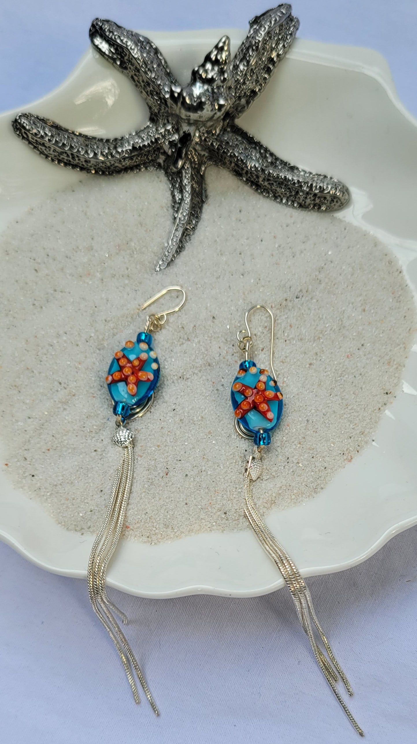 Red Starfish glass dangling earrings
