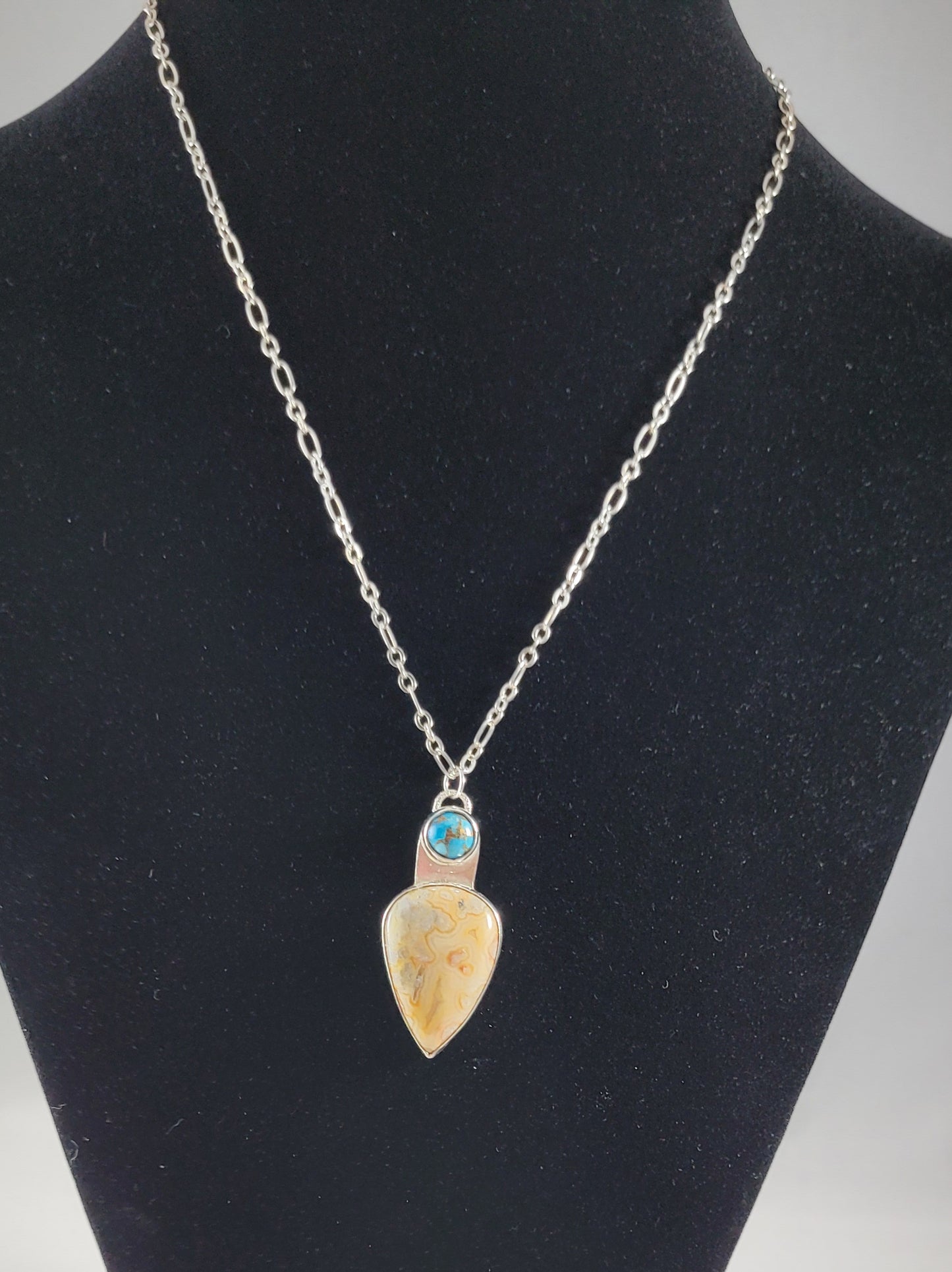 Yellow Lace Agate with Mohave Copper turquoise stone Necklace