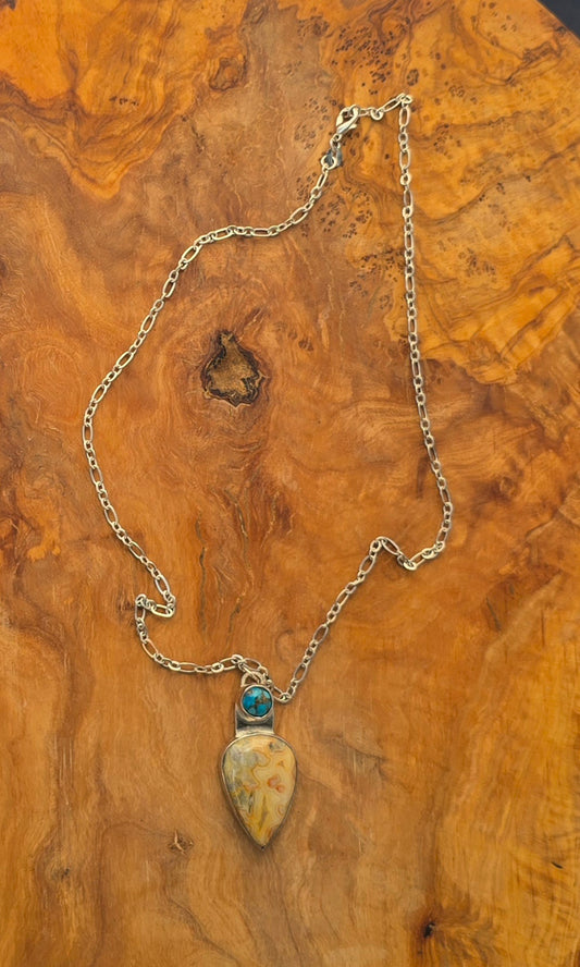 Yellow Lace Agate with Mohave Copper turquoise stone Necklace