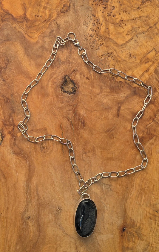 Oval Black Druzy Onyx Necklace