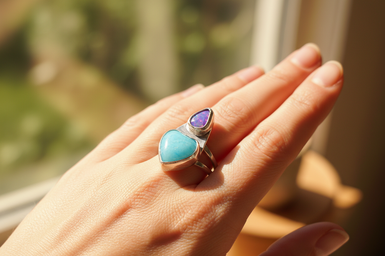 Heart Amazonite with Purple Faceted Opal (Size 7.5)