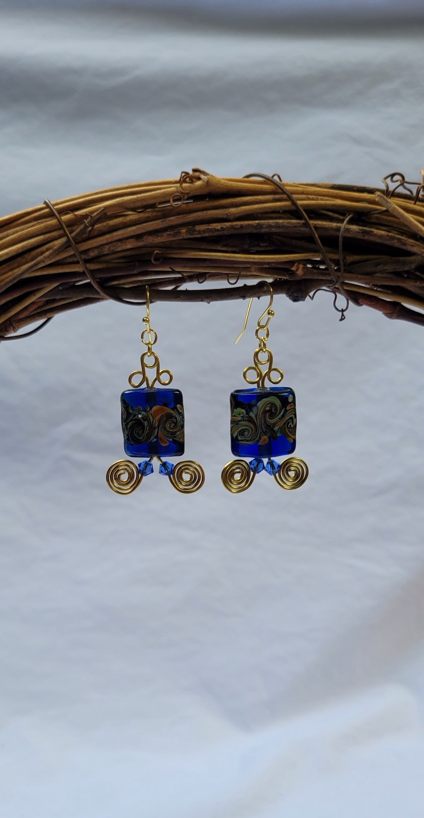 Blue glass square lampworked earrings