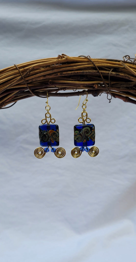 Blue glass square lampworked earrings