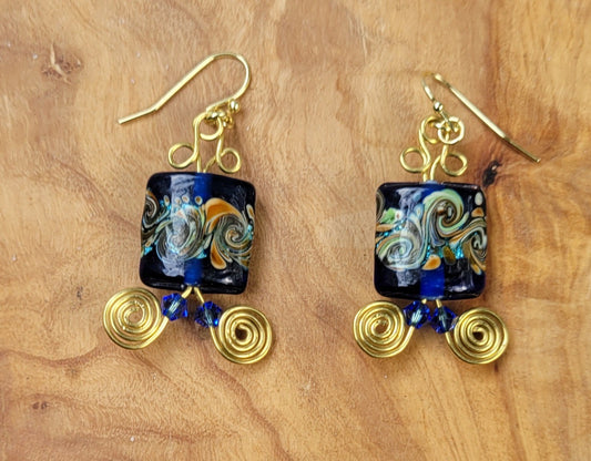 Blue glass square lampworked earrings