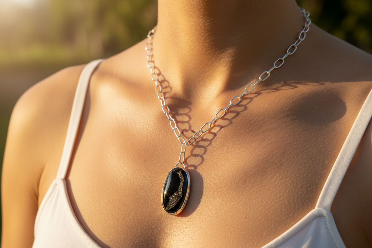 Oval Black Druzy Onyx Necklace