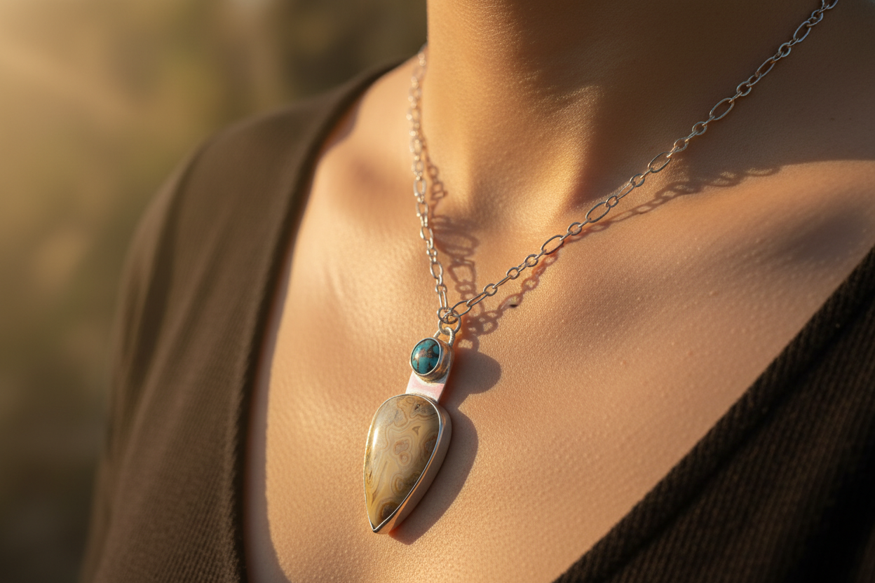 Yellow Lace Agate with Mohave Copper turquoise stone Necklace