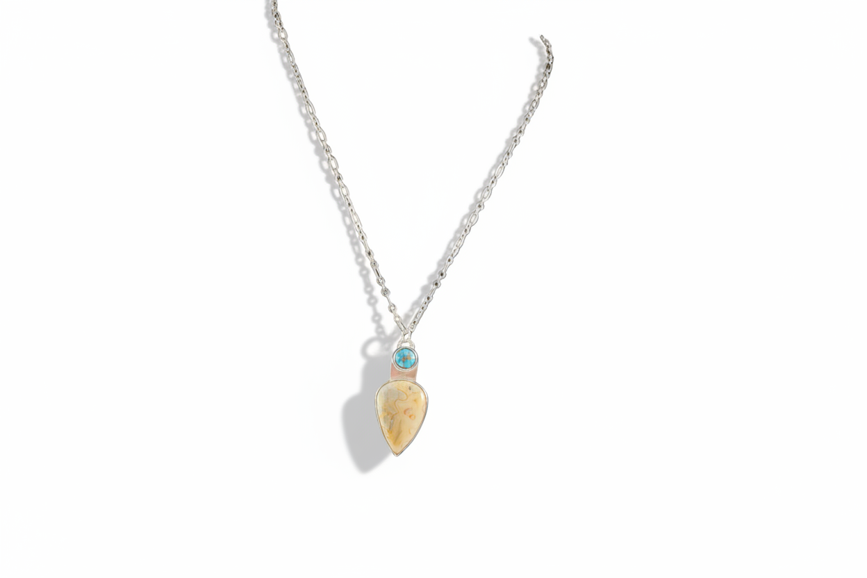 Yellow Lace Agate with Mohave Copper turquoise stone Necklace