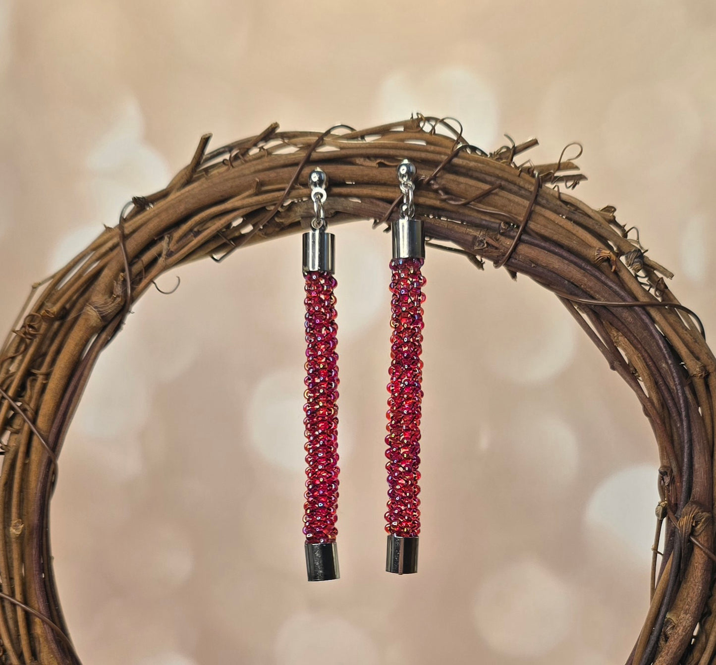Iridescent Wine Long Seed Beaded Earrings