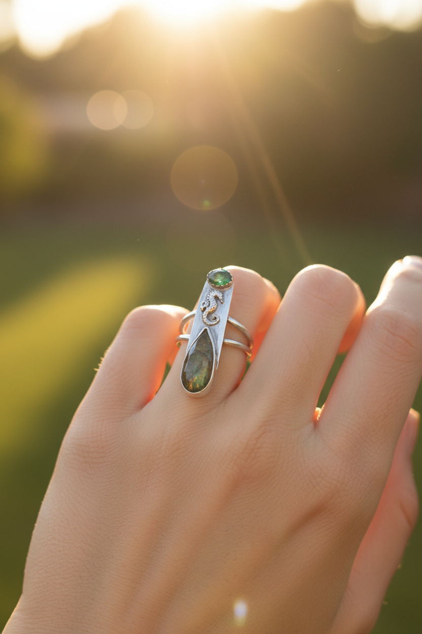 Opal Ring with accent Seahorse (Size  7.5)