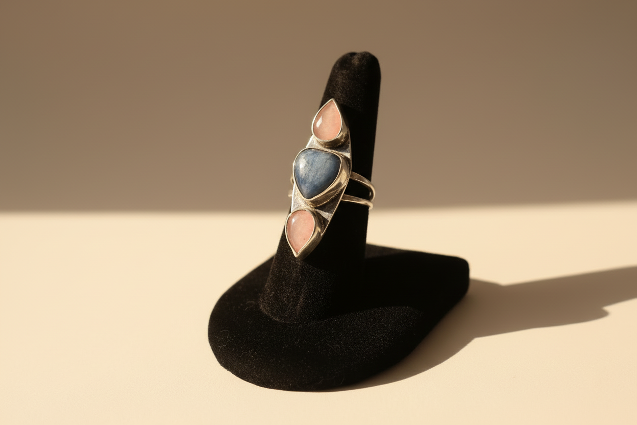 Heart shaped Kyanite w/ 2 pink opal ring (Size 7.5)