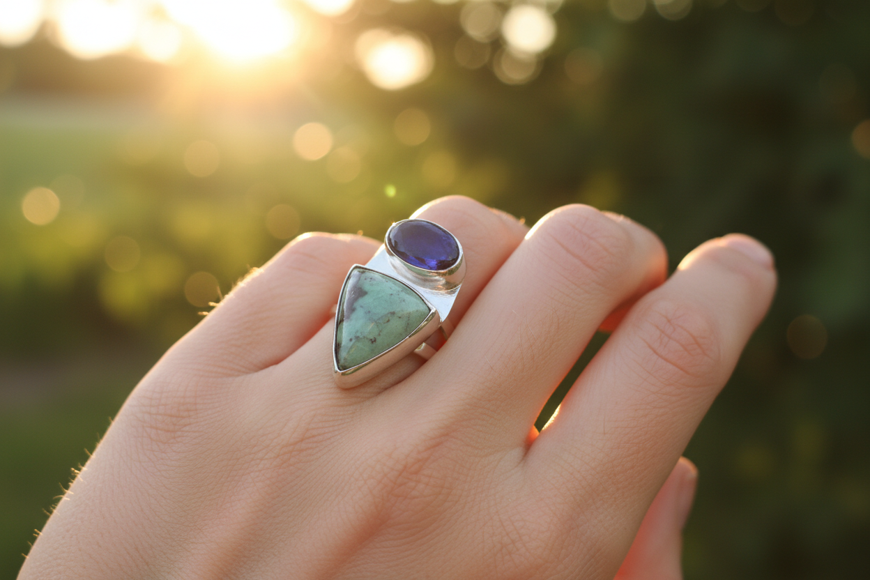 New Lander Chalcosiderite Stone with Lapis accent ring (Size 8.75)