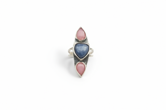 Heart shaped Kyanite w/ 2 pink opal ring (Size 7.5)