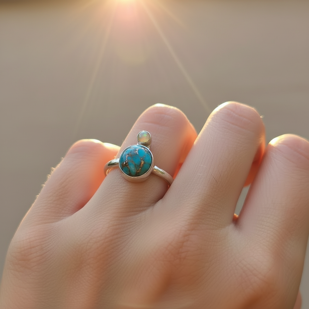 Blue Mohave turquoise w Opal's #2 (Size 7)