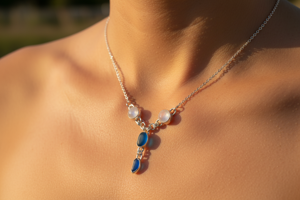 Four stone Seaglass and Moonstone Necklace