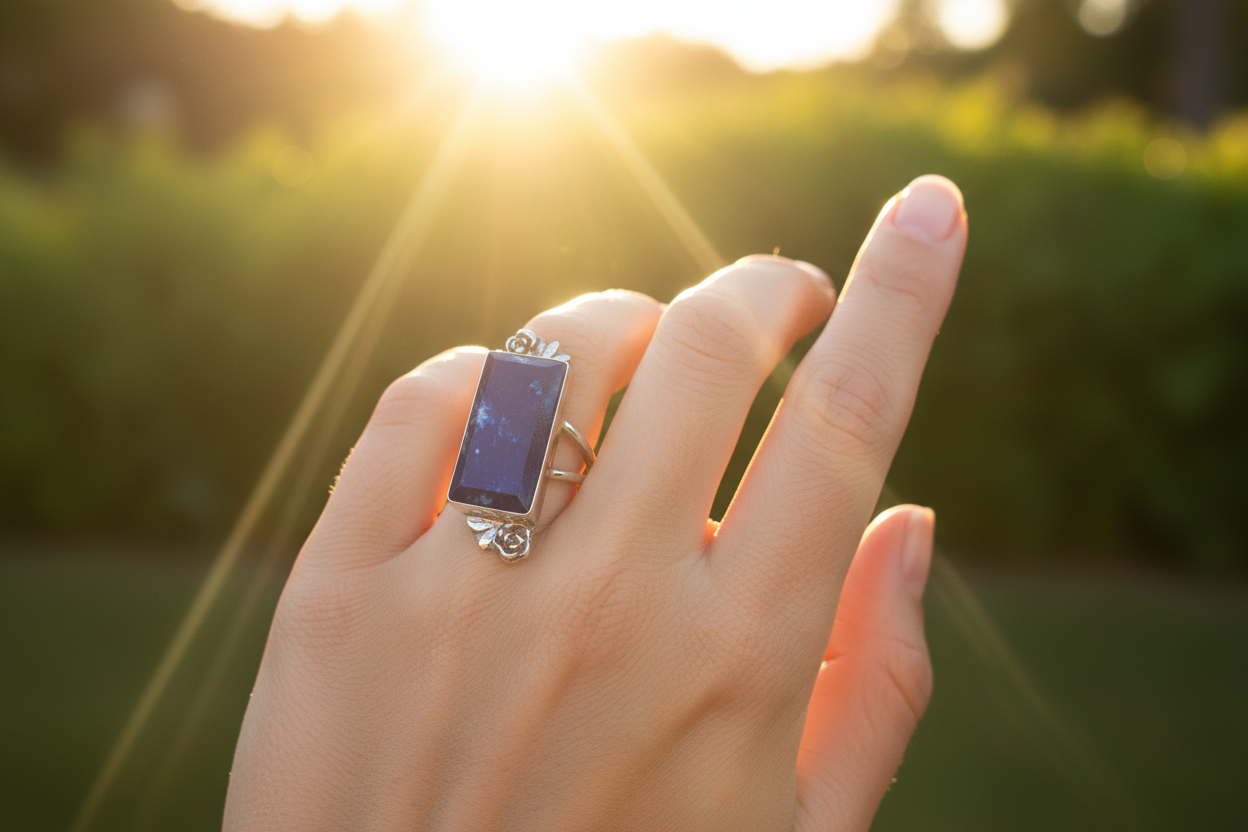 Lapis Lazuli stone with double side Rose accent Ring (Size 7.5)