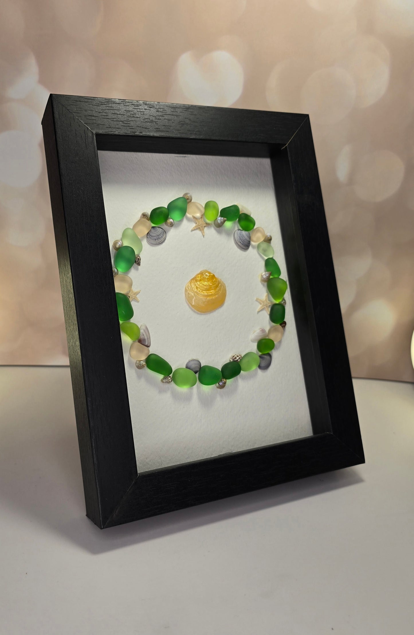 Sea Glass Art Round Green w/ Seashells