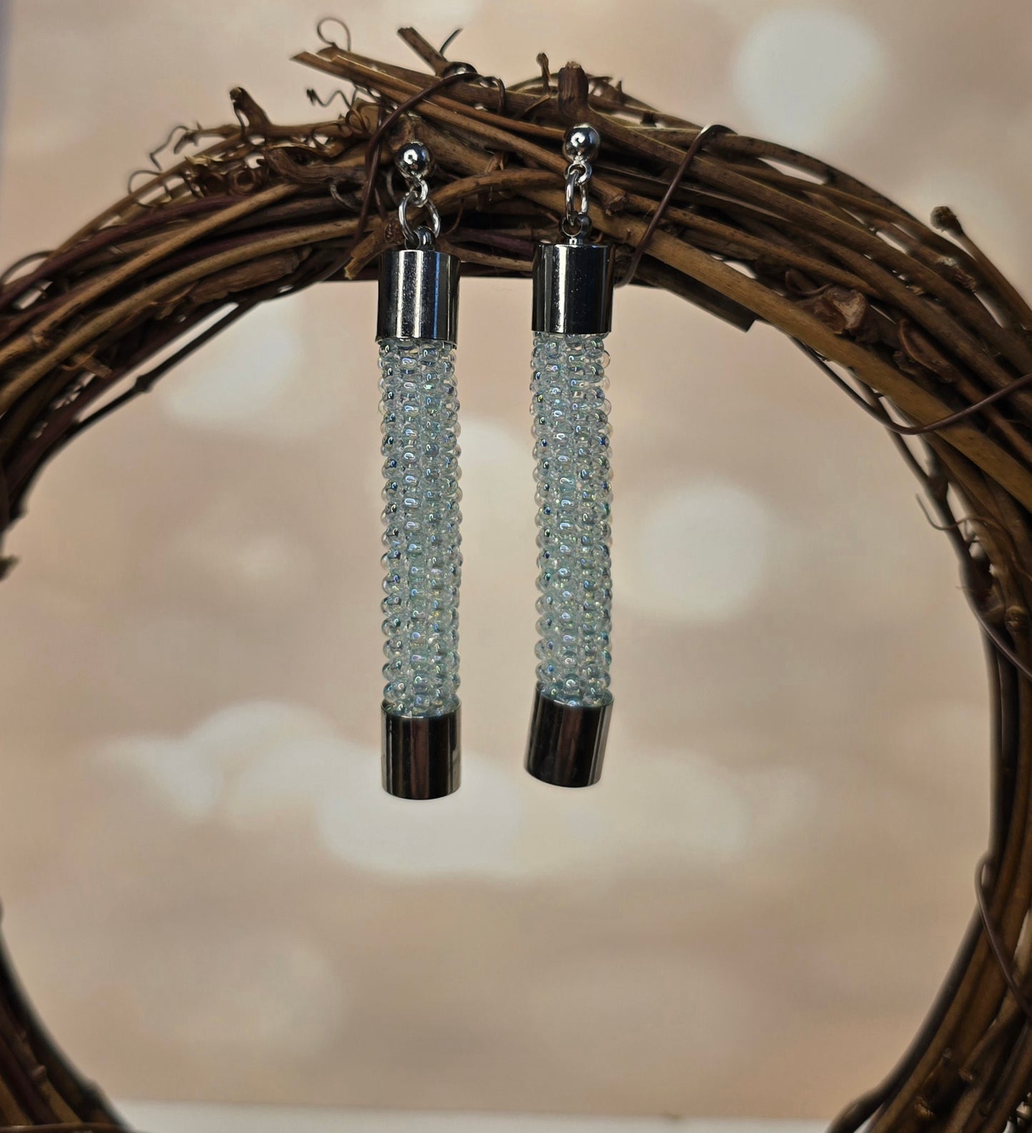 Ice Blue Long Seed Beaded Earrings