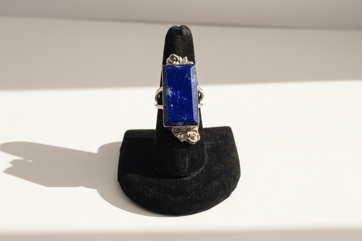 Lapis Lazuli stone with double side Rose accent Ring (Size 7.5)