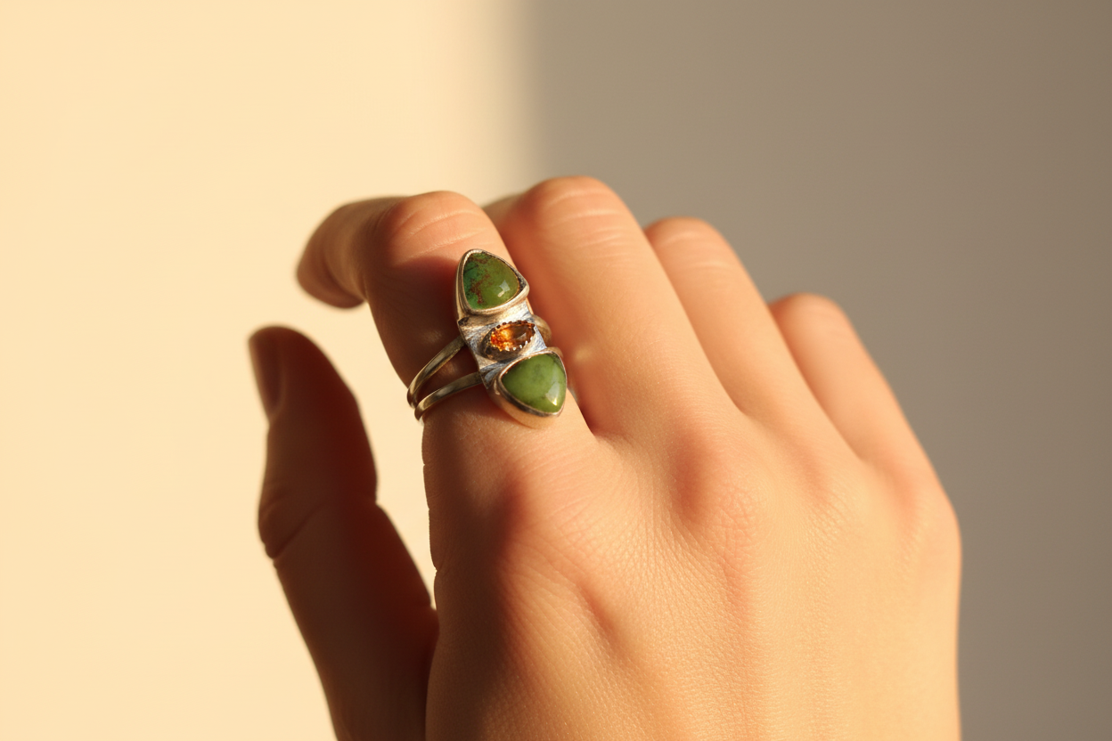 Green Turquoise ring w/ Walo Orange Opal (Size 6.75)