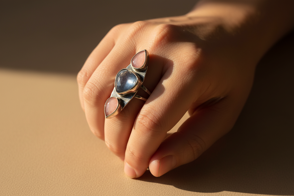 Heart shaped Kyanite w/ 2 pink opal ring (Size 7.5)