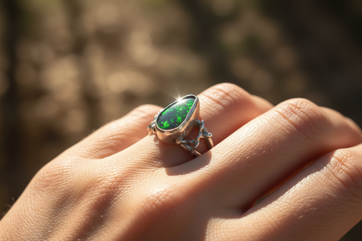 Dark Green Opal with side accent (Size 7.75)