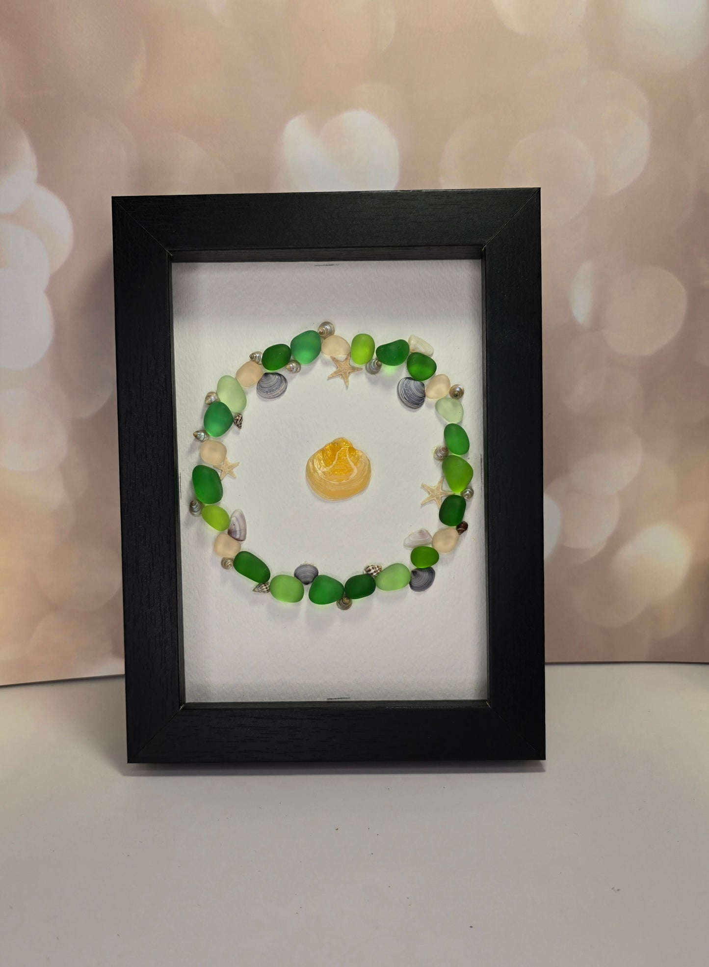 Sea Glass Art Round Green w/ Seashells